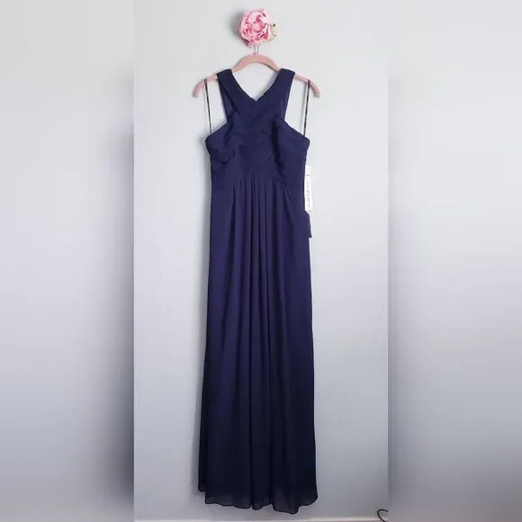 Levkoff Crisscross‎ Neck Chiffon A-line Navy Gown - Picture 2 of 7